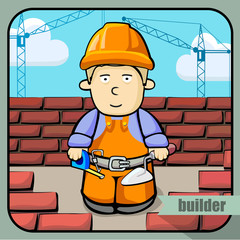 Vector person character portrait. Builder portrait isolated on unpainted fence background. Cartoon style. Human profession icon.