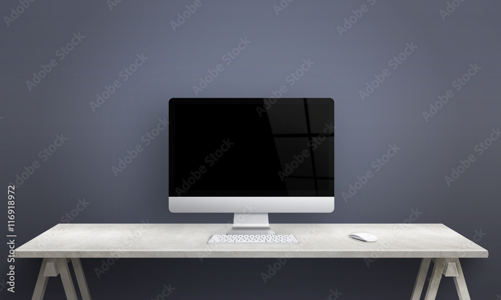 Poster Computer display on office desk. Blank screen for mockup. Clean scene for design promotion.