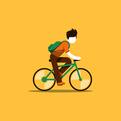 Man in casual dress cycling, student commuting by bicycle, daily riding by bike to business, isolated vector flat design illustration