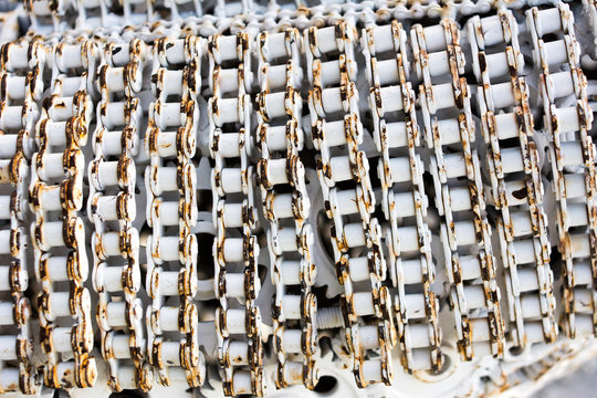 Design Pattern of Chain metal from recycle industry metal develop to new shape, Handcraft created from recycle machine and paint in whit color. Close up image to background and texture.