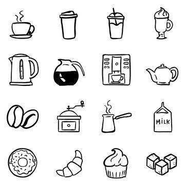 Vector Set of Black Doodle Coffee Icons