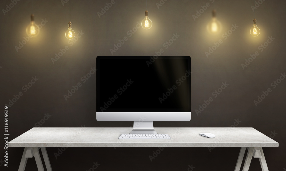 Poster Computer display on office desk and hanging bulbs. Blank screen for mockup. Concept of  design idea.