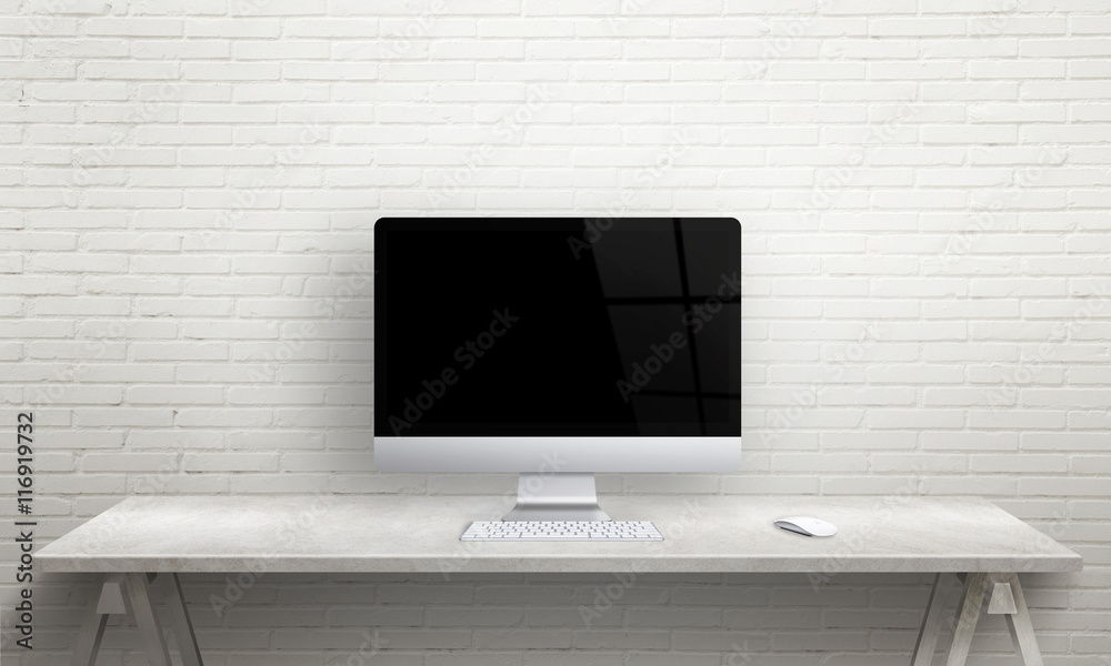 Poster Computer display mockup. Front view of office desk.