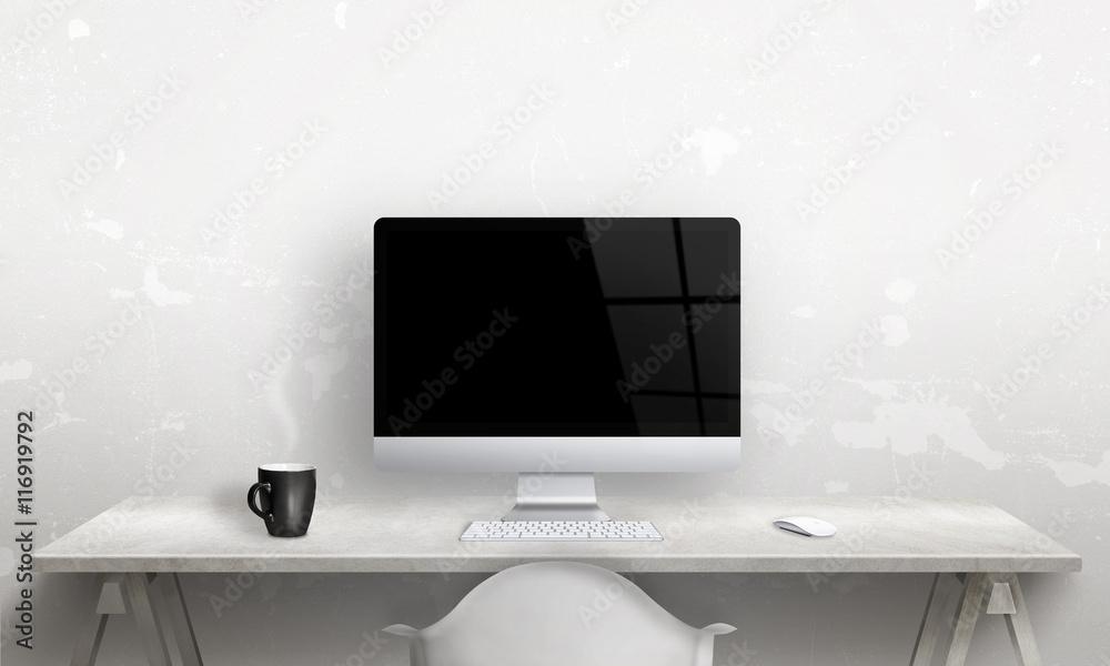 Poster computer and coffee mug on desk. hard work concept. clean scene for design and work promotion.