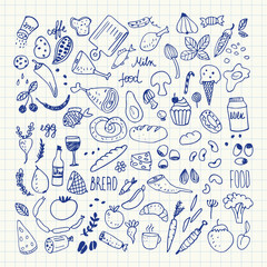 Food doodles collection. Hand drawn vector icons. Freehand drawing