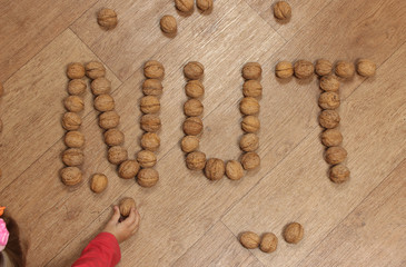 inscription NUT on a floor from walnuts