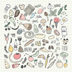 Food doodles collection. Hand drawn vector icons. Freehand drawing