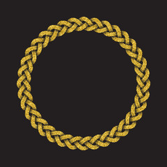 Golden glittering circular braided frame in Celtic style on black background. Gold ornament for jewelry design. Element for logo design.