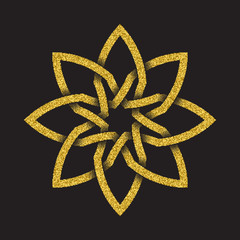 Golden glittering logo template in Celtic knots style on black background. Tribal symbol in octagonal flower form. Gold ornament for jewelry design.