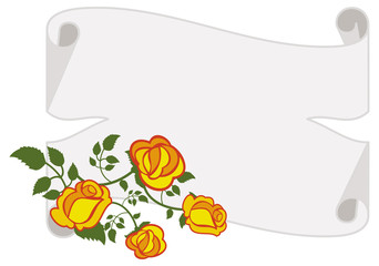 Paper scroll with yellow roses. Vector clip art.