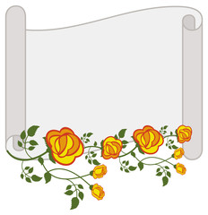 Paper scroll with yellow roses. Vector clip art.