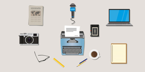 journalist press icon objects isolated vector camera type writer laptop microphone interview recorder note newspaper pen pencil