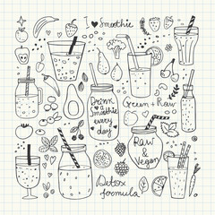 Smoothie and Raw food collection. Hand Drawn vector doodles