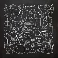 Smoothie and Raw food collection. Hand Drawn vector doodles