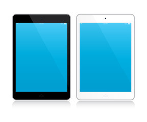 Black and white tablets with blue screens. Mockup isolated on white. Vector Illustration

