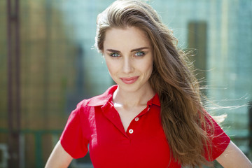 Portrait close up of young beautiful brunette woman