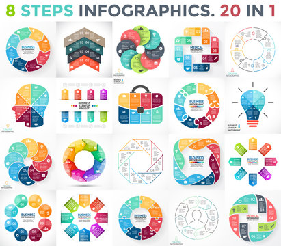 Vector circle infographics set. Business diagrams, arrows graphs, startup logo presentations and idea charts. Data options with parts, 8 steps or processes.