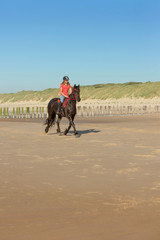 Naklejka premium cavalière au trot sur la plage ensoleillée