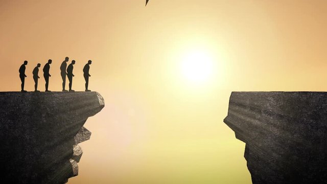 Pencil write 'Challenge', connecting the cliff. Businessman crossing the cliff, business concept.