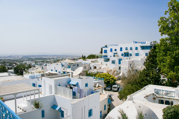 Fototapeta na wymiar Traditional white and blue houses in Sidi Bou Said, Tunisia.
