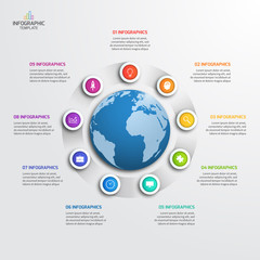 Circle infographic template with globe with 9 options. 