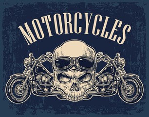 Motorcycle side view and skull with glasses.