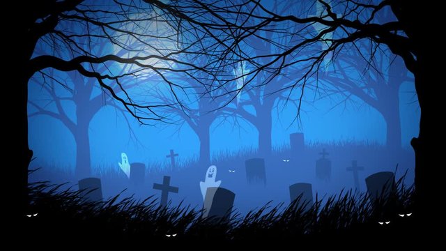 Spooky Halloween background of a scary graveyard with ghosts.