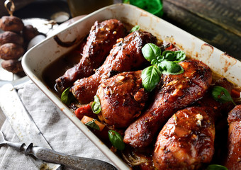 Fried chicken legs with vegetables. rustic style