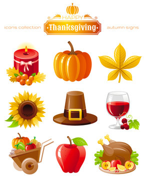 Vector icon set with autumn and thanksgiving food and symbols on black background. Includes candle, pumpkin, chestnut leaf, sunflower, pilgrim hat, wine with grapes, wheelbarrow harvest, roast turkey