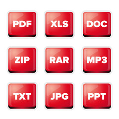 file extensions icons set: pdf, xls, doc, zip, rar, mp3, txt, jp