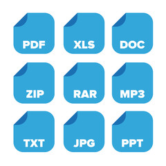 file extensions icons set: pdf, xls, doc, zip, rar, mp3, txt, jp