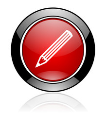 Red glossy pencil vector icon.