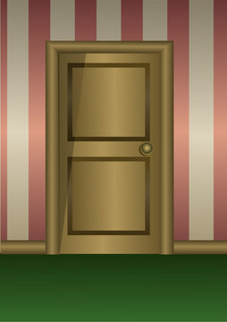 wooden door on striped wall. Room entry or hotel corridor. Vector illustration