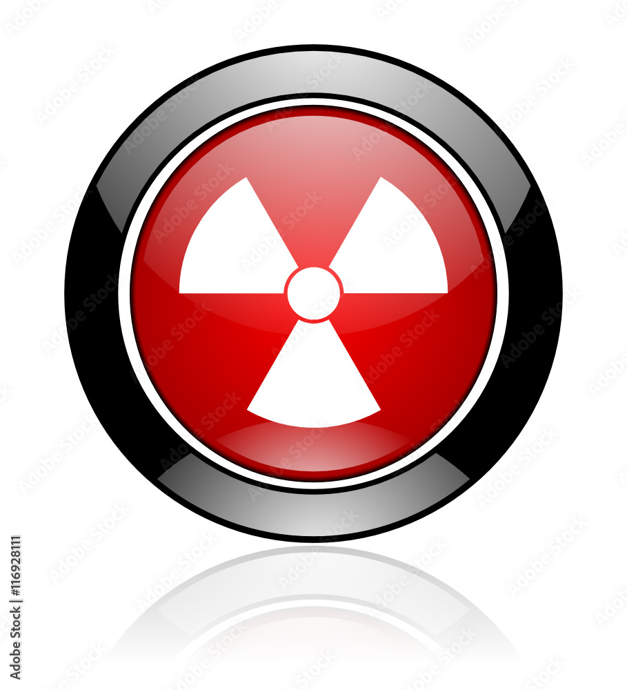 Poster red and black glossy round radiation vector icon. modern design circle nuclear button.