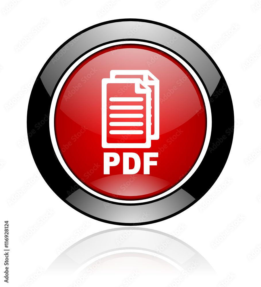 Poster Red and black glossy round pdf vector icon. Modern design circle document button.