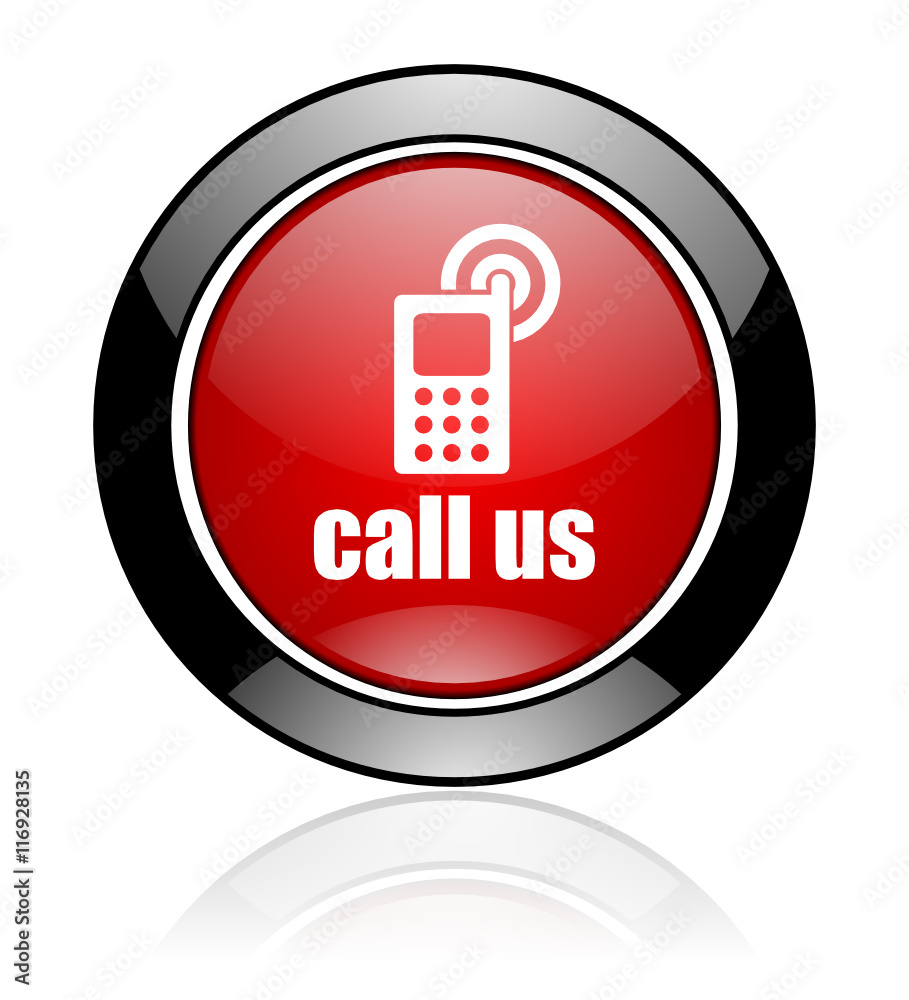 Poster Red and black glossy round call us vector icon. Modern design circle contact button.