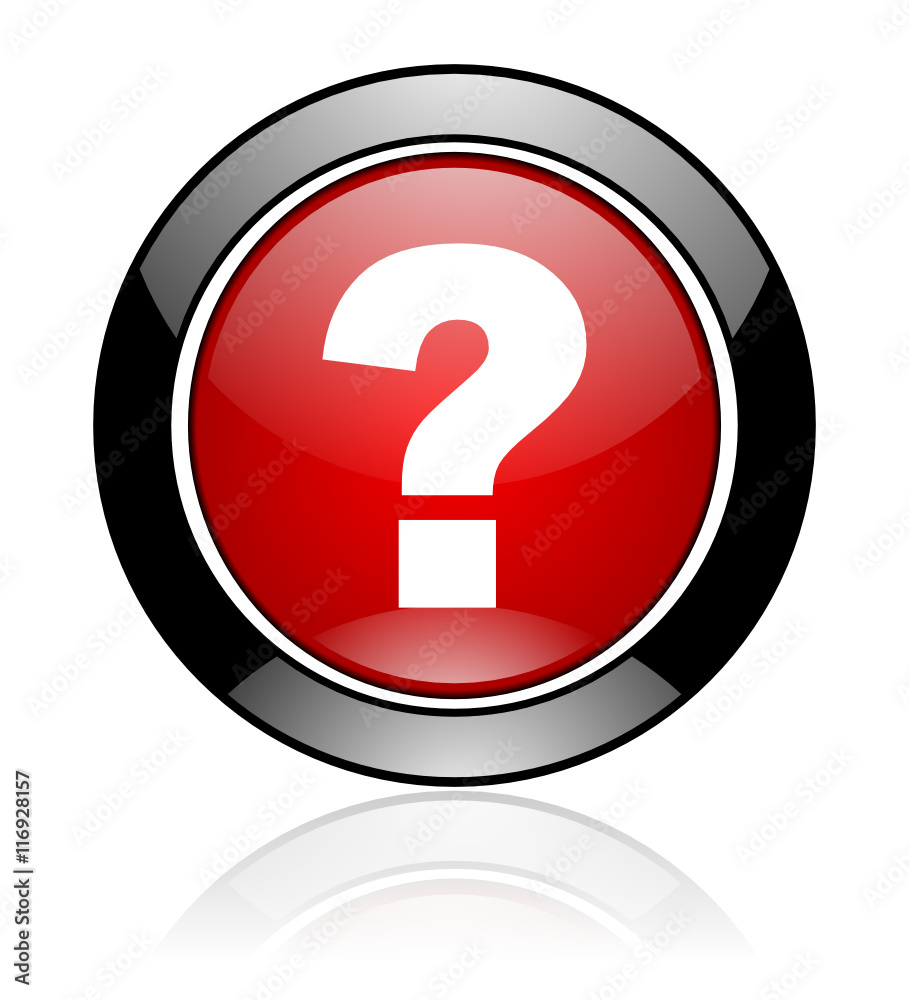 Poster Red and black glossy round question mark vector icon. Modern design circle ask help button.