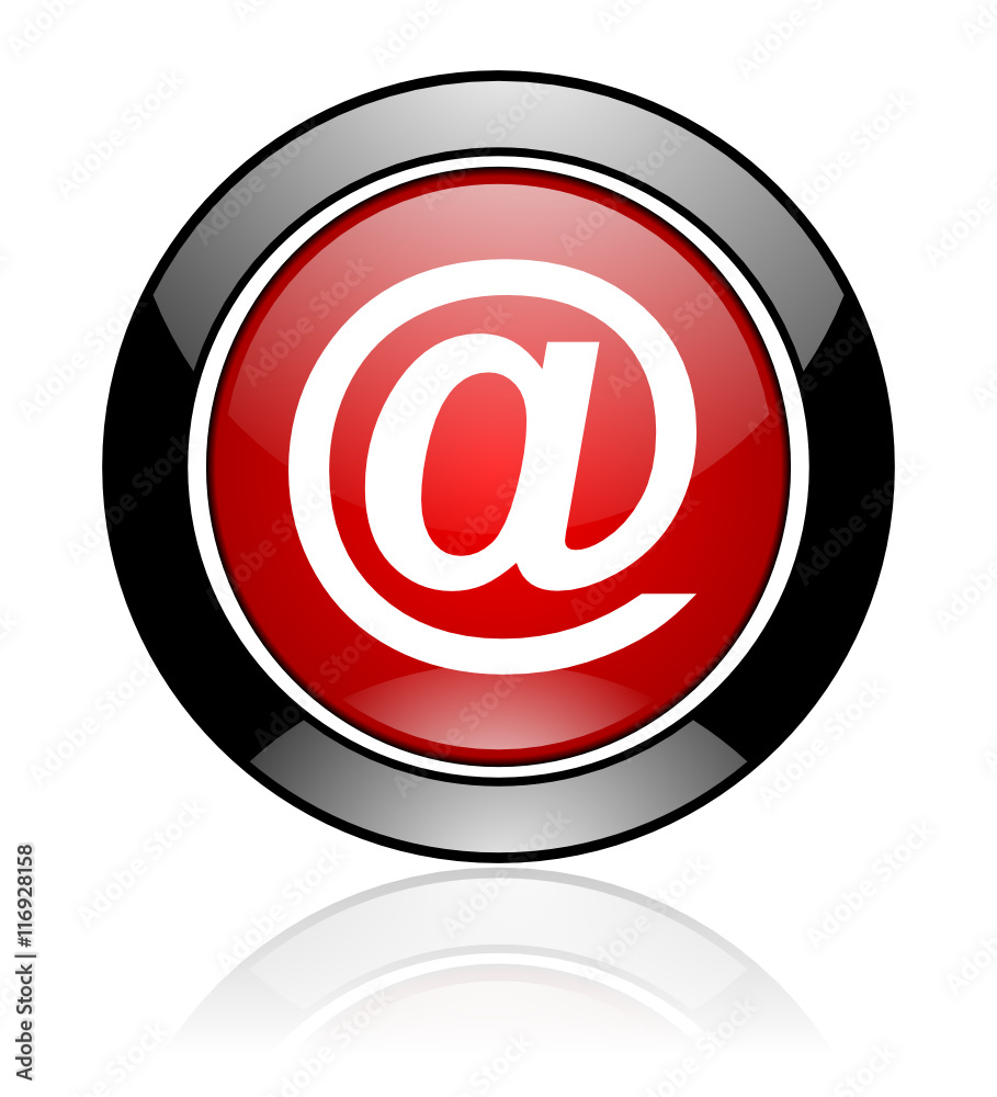 Aufkleber Red and black glossy round mail vector icon. Modern design circle email button.