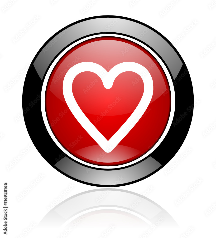Poster red and black glossy round heart vector icon. modern design love circle button.