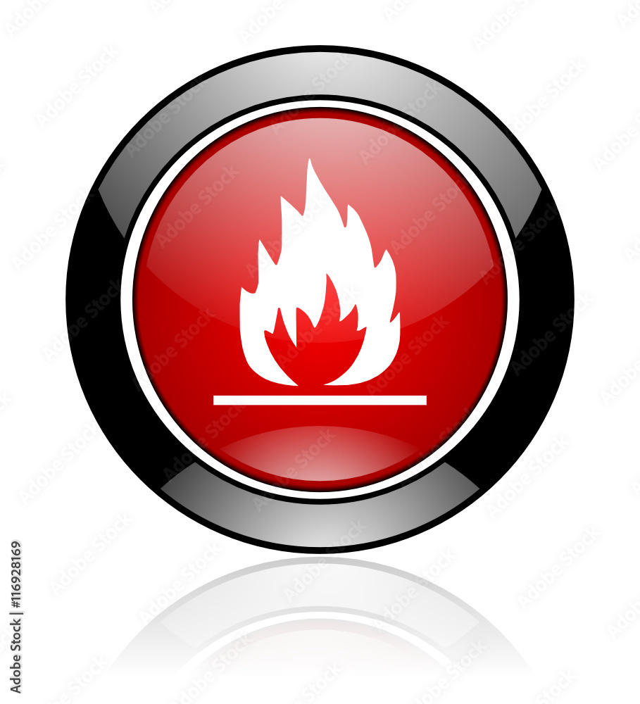 Poster Red and black glossy round flame vector icon. Modern design circle fire button.