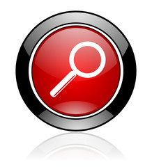 Red and black glossy round search vector icon. Modern design circle glass button.