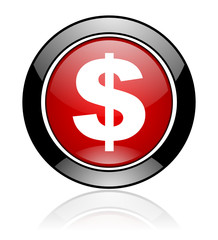 Red and black glossy round usa dollar vector icon. Modern design circle money button.