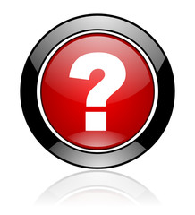 Red and black glossy round question mark vector icon. Modern design circle ask help button.