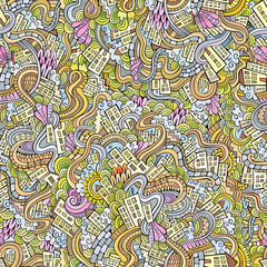 doodles hand drawn town. seamless pattern