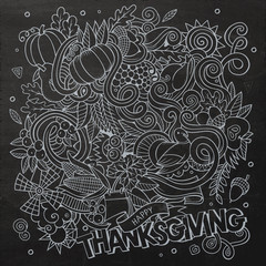 Cartoon vector hand-drawn Doodle Thanksgiving. Chalkboard design