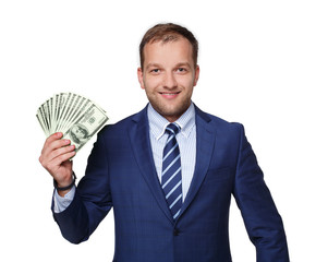 Portrait of handsome businessman showing money dollars fan isolated