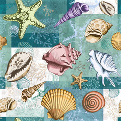 Seamless сolorful layered pattern with seashells