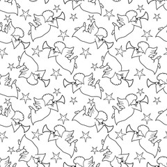 Angel with pipe silhouette seamless pattern black and white