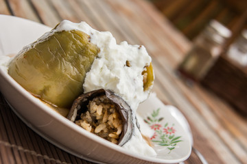 Turkish Dolma with yoghurt, zucchni and minced meat.