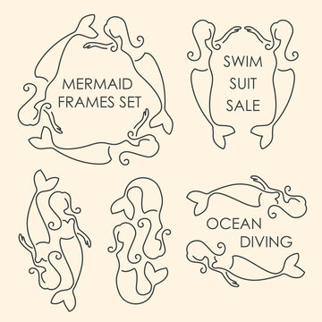 Line art mermaids logo set on beige background